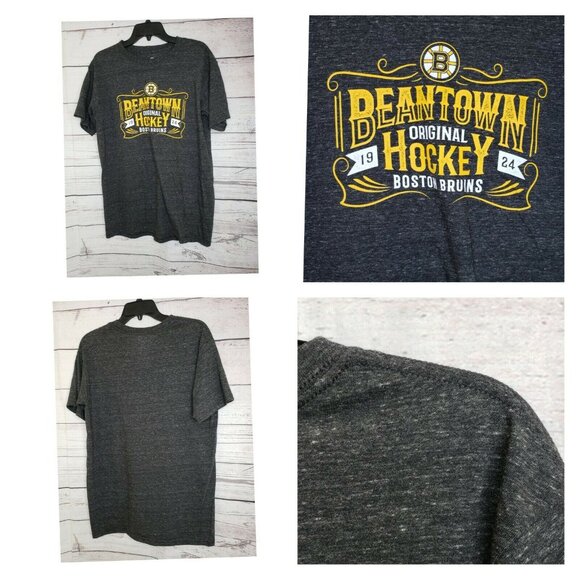 Men's Bean Town Fanatics Polyester Cotton Boston Bruins Gray T-Shirt with Yellow - Picture 2 of 9